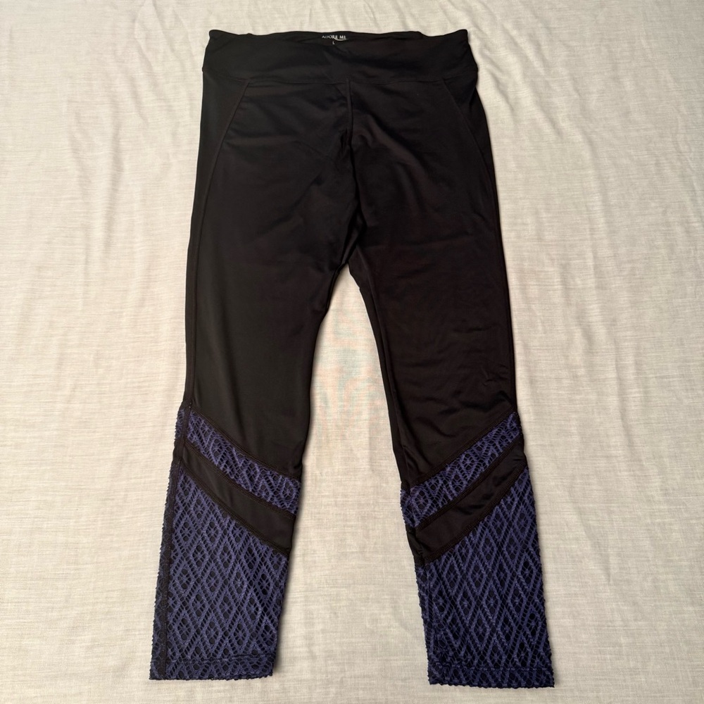 Adore Me Leggings Black Pants with Purple Lace Ankles Size Large Yoga Gym